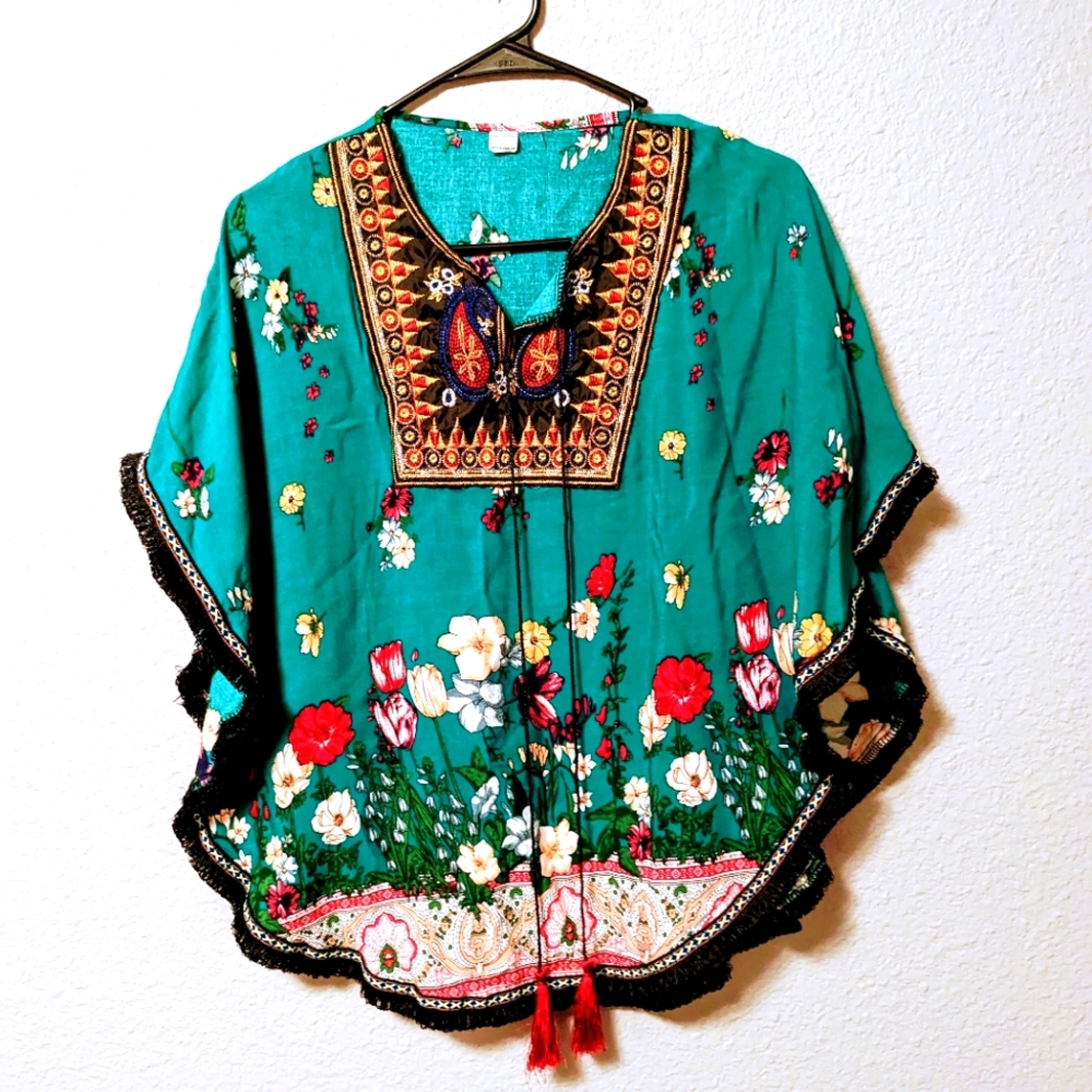 NEW Artisan Colorful Art Turquoise Cape Poncho Top Shawl Floral Embroidery One - Picture 2 of 8